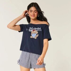 Hollister Blue Easy Off-the-shoulder Nantucket Graphic Tee - Brand New